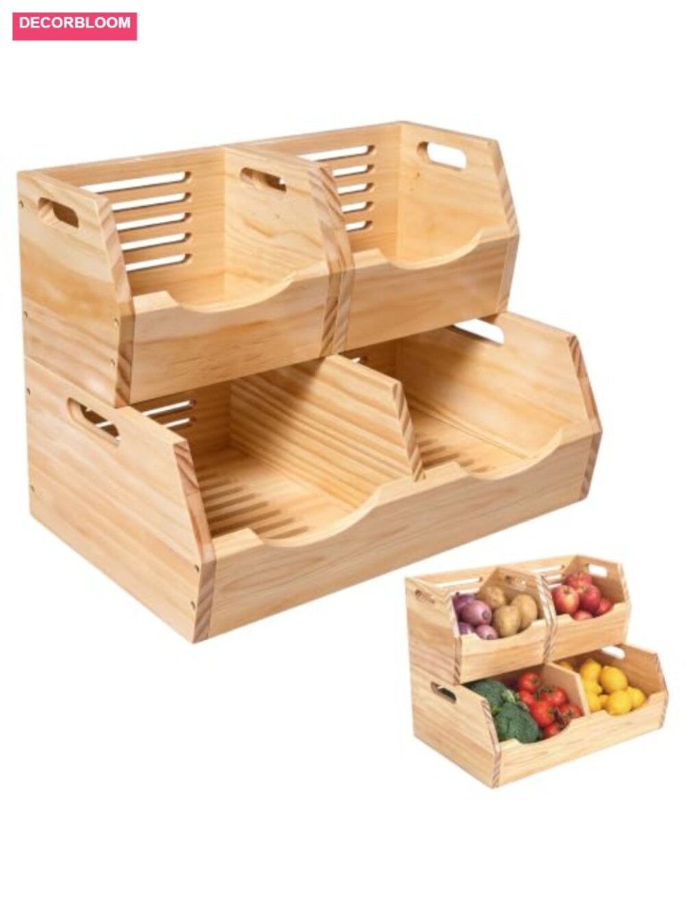 2 Tier Wood Potato Onion Storage Bin Stackable Vegetable Keeper Pantry Organizer